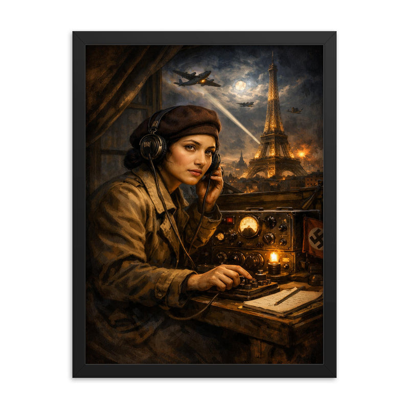 Noor Inayat Khan wireless set in occupied Paris framed print on a plain backdrop in size 18