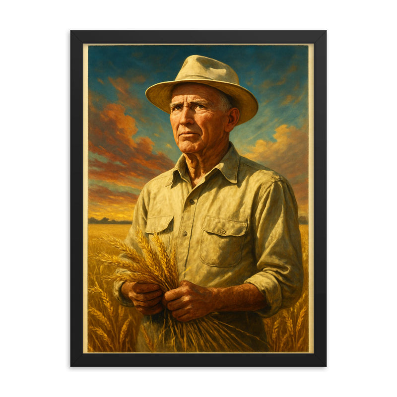 Norman Borlaug framed print on a plain backdrop in size 18