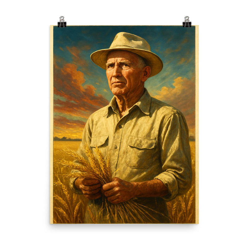 Norman Borlaug poster on a plain backdrop in size 8
