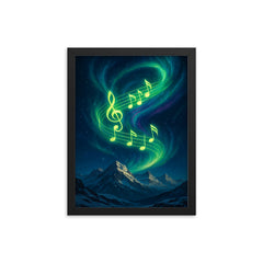 Northern lights swirling into vibrant music notes over snowy peaks framed print on a plain backdrop in size 12"x16".
