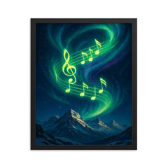 Northern lights swirling into vibrant music notes over snowy peaks framed print on a plain backdrop in size 16"x20".