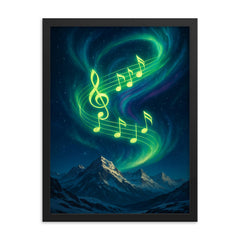 Northern lights swirling into vibrant music notes over snowy peaks framed print on a plain backdrop in size 18"x24".