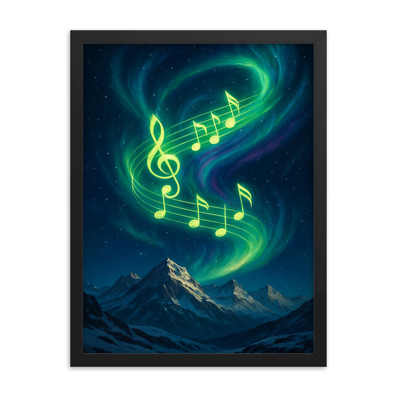 Northern lights swirling into vibrant music notes over snowy peaks framed print on a plain backdrop in size 18