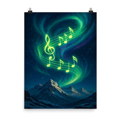 Northern lights swirling into vibrant music notes over snowy peaks poster on a plain backdrop in size 8"x10".