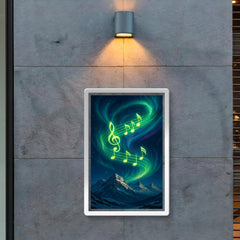 Northern lights swirling into vibrant music notes over snowy peaks poster 2