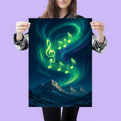 Northern lights swirling into vibrant music notes over snowy peaks poster 3