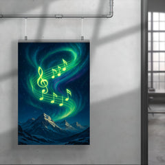 Northern lights swirling into vibrant music notes over snowy peaks poster 4