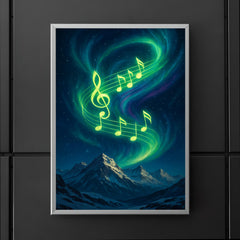 Northern lights swirling into vibrant music notes over snowy peaks poster 5