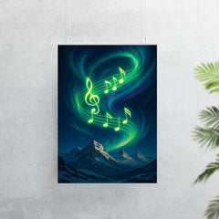 Northern lights swirling into vibrant music notes over snowy peaks poster 7