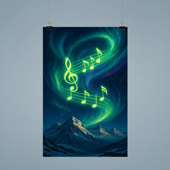 Northern lights swirling into vibrant music notes over snowy peaks poster 9