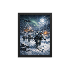 Norwegian heavy water saboteurs crossing winter plateau framed print on a plain backdrop in size 12"x16".