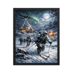 Norwegian heavy water saboteurs crossing winter plateau framed print on a plain backdrop in size 16"x20".