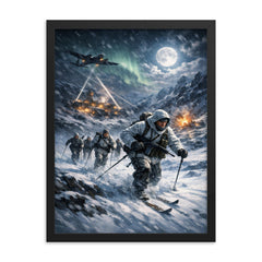 Norwegian heavy water saboteurs crossing winter plateau framed print on a plain backdrop in size 18"x24".