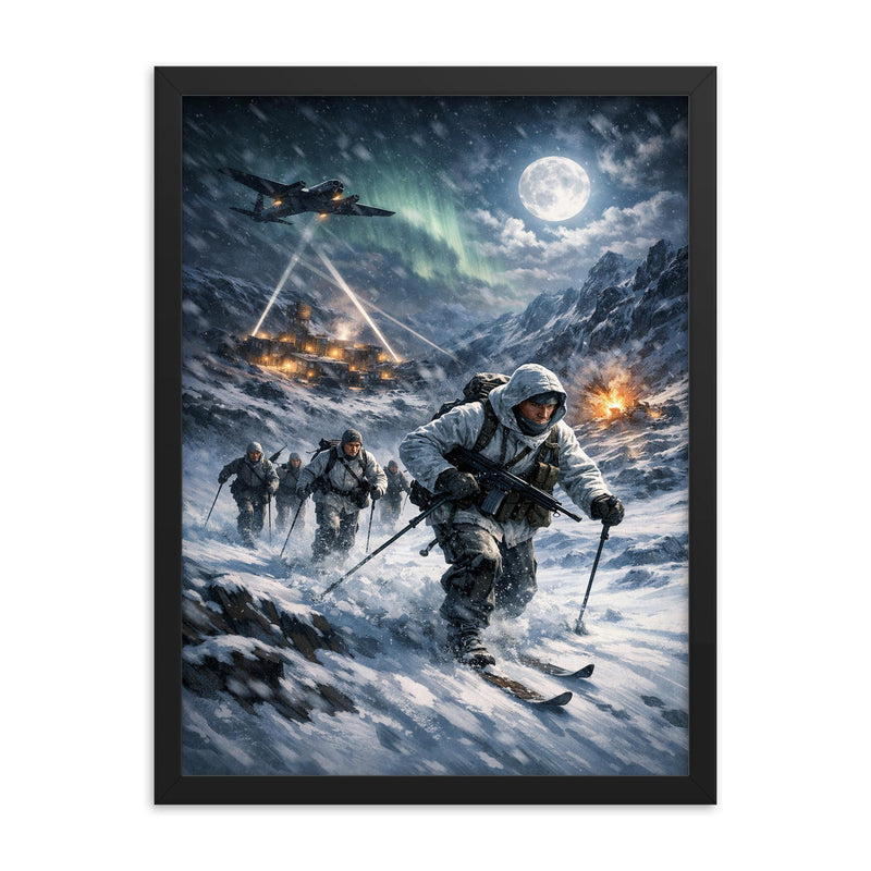 Norwegian heavy water saboteurs crossing winter plateau framed print on a plain backdrop in size 18