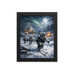 Norwegian heavy water saboteurs crossing winter plateau framed print on a plain backdrop in size 8"x10".
