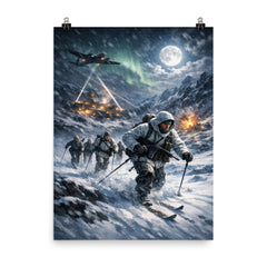 Norwegian heavy water saboteurs crossing winter plateau poster on a plain backdrop in size 8"x10".