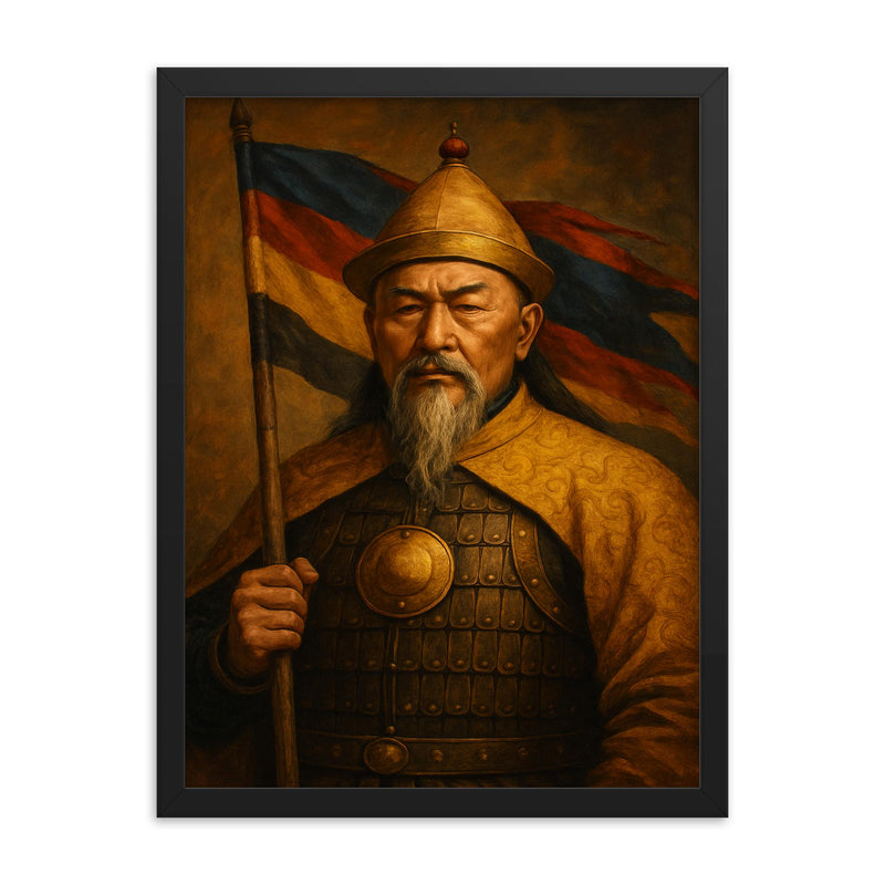 Nurhaci banner founder portrait framed print on a plain backdrop in size 18