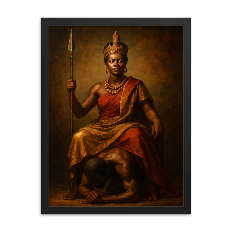 Nzinga of Ndongo seated upon a servant throne framed print on a plain backdrop in size 18