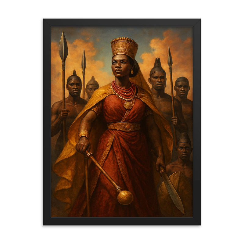 Nzinga of Ndongo with warrior attendants framed print on a plain backdrop in size 18