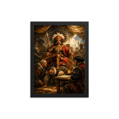 Nzinga seated on human throne negotiation scene framed print on a plain backdrop in size 12"x16".