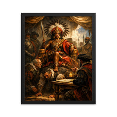 Nzinga seated on human throne negotiation scene framed print on a plain backdrop in size 16"x20".