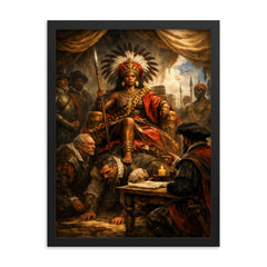 Nzinga seated on human throne negotiation scene framed print on a plain backdrop in size 18"x24".