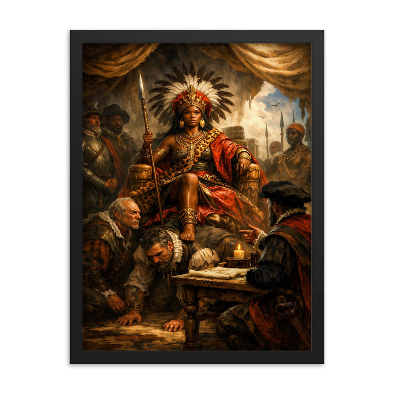 Nzinga seated on human throne negotiation scene framed print on a plain backdrop in size 18