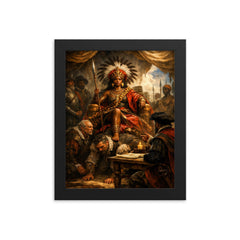 Nzinga seated on human throne negotiation scene framed print on a plain backdrop in size 8"x10".