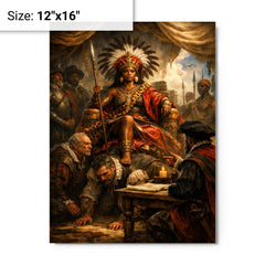 Nzinga seated on human throne negotiation scene metal print on a plain backdrop in size 12"x16".