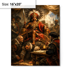 Nzinga seated on human throne negotiation scene metal print on a plain backdrop in size 16"x20".