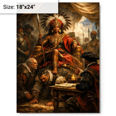 Nzinga seated on human throne negotiation scene metal print on a plain backdrop in size 18"x24".