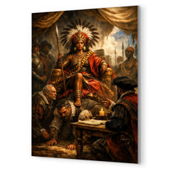 Nzinga seated on human throne negotiation scene metal print mockup