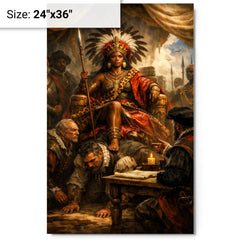 Nzinga seated on human throne negotiation scene metal print on a plain backdrop in size 24"x36".
