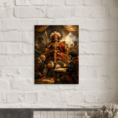 Nzinga seated on human throne negotiation scene metal print mockup