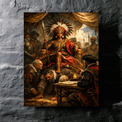 Nzinga seated on human throne negotiation scene metal print mockup