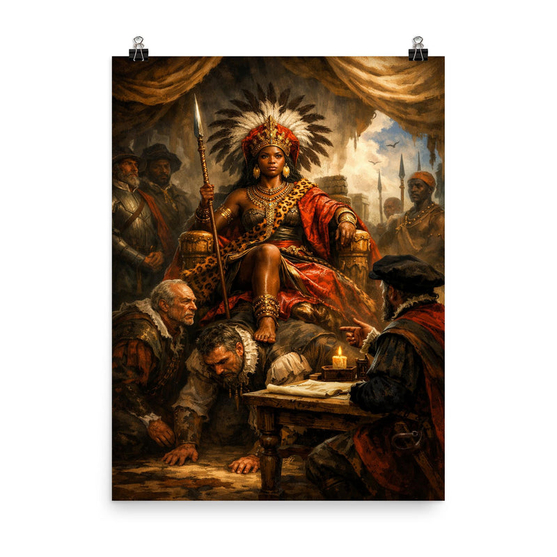 Nzinga seated on human throne negotiation scene poster on a plain backdrop in size 8