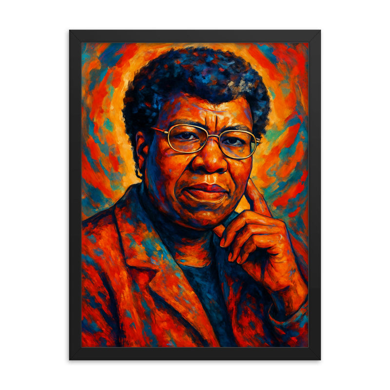 Octavia Butler framed print on a plain backdrop in size 18