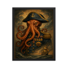 Octopus admiral with medals and storm charts framed print on a plain backdrop in size 16"x20".