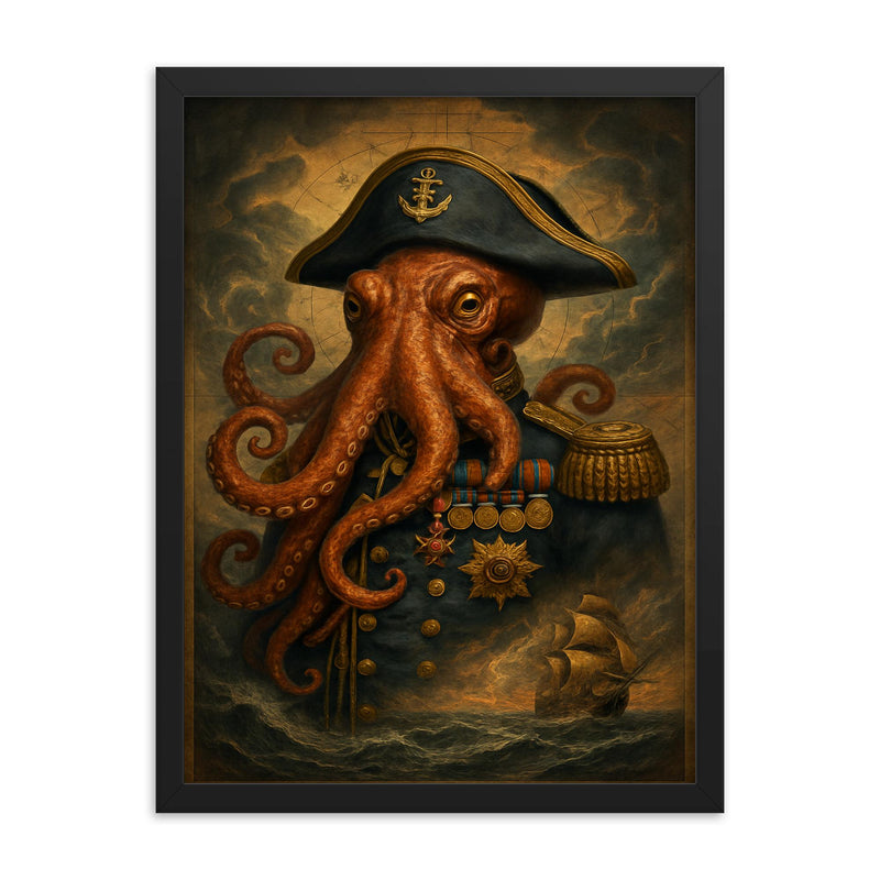 Octopus admiral with medals and storm charts framed print on a plain backdrop in size 18