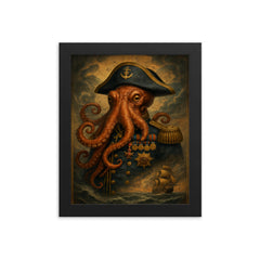 Octopus admiral with medals and storm charts framed print on a plain backdrop in size 8"x10".