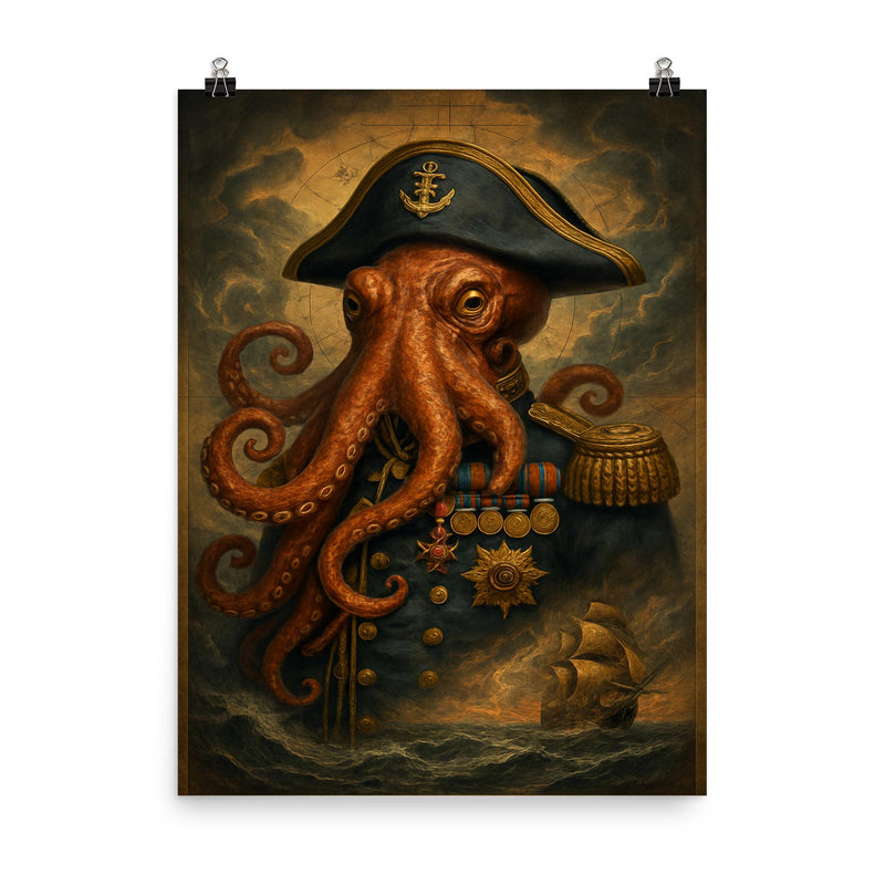 Octopus admiral with medals and storm charts poster on a plain backdrop in size 8