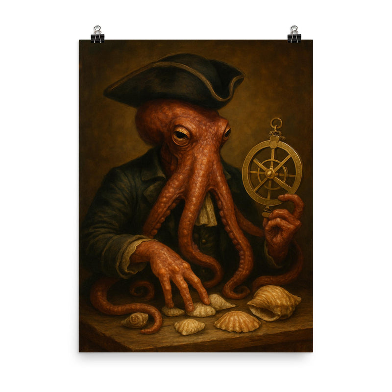 Octopus natural philosopher arranging seashells and astrolabe poster on a plain backdrop in size 8