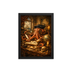 Octopus natural philosopher in Dutch golden age study framed print on a plain backdrop in size 12"x16".