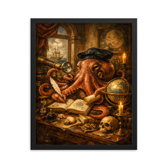 Octopus natural philosopher in Dutch golden age study framed print on a plain backdrop in size 16"x20".