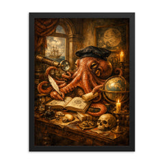 Octopus natural philosopher in Dutch golden age study framed print on a plain backdrop in size 18"x24".