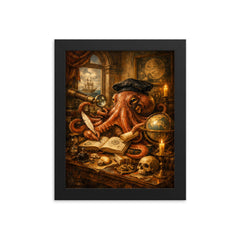 Octopus natural philosopher in Dutch golden age study framed print on a plain backdrop in size 8"x10".