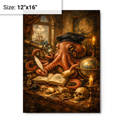 Octopus natural philosopher in Dutch golden age study metal print on a plain backdrop in size 12"x16".