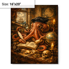 Octopus natural philosopher in Dutch golden age study metal print on a plain backdrop in size 16"x20".