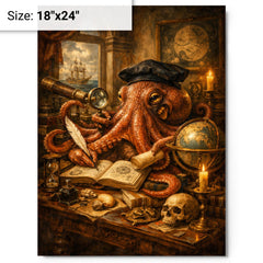 Octopus natural philosopher in Dutch golden age study metal print on a plain backdrop in size 18"x24".