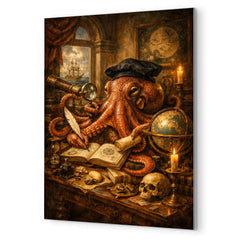 Octopus natural philosopher in Dutch golden age study metal print mockup